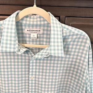 Mizzen+Main Performance Dress Shirt Men’s Large Classic Fit Aqua Gingham Stretch
